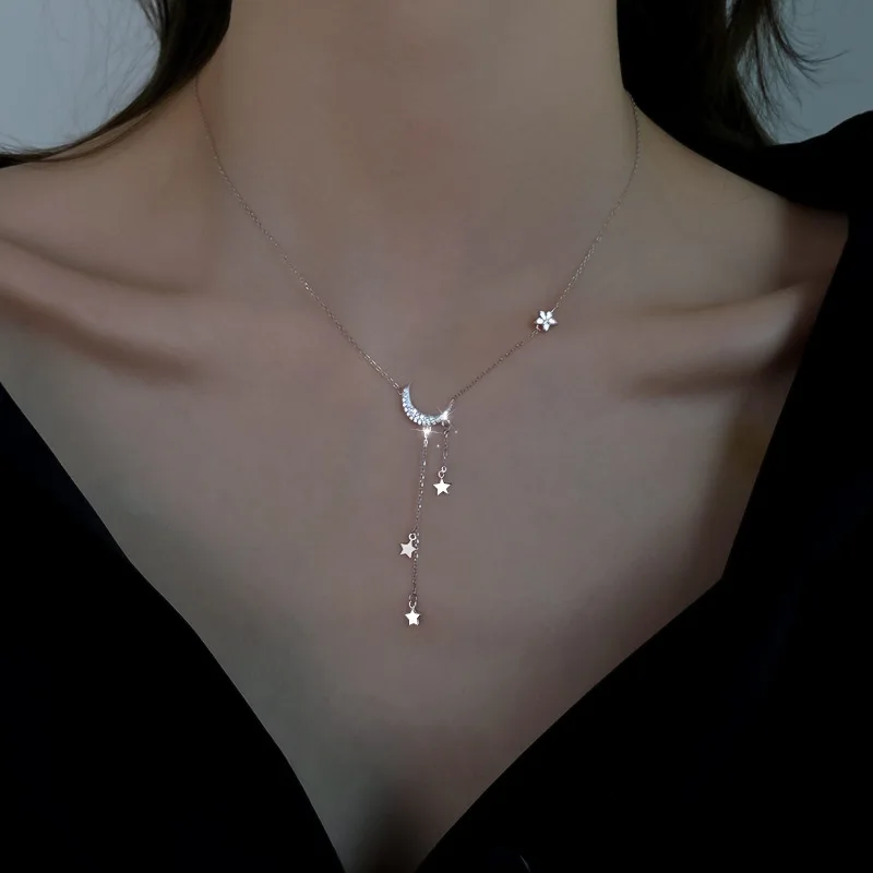 Gargantilla de Plata de Ley 925 para mujer, collares con forma de luna y Estrella, cadena brillante, joyería fina, regalos de fiesta de boda, accesorios bonitos