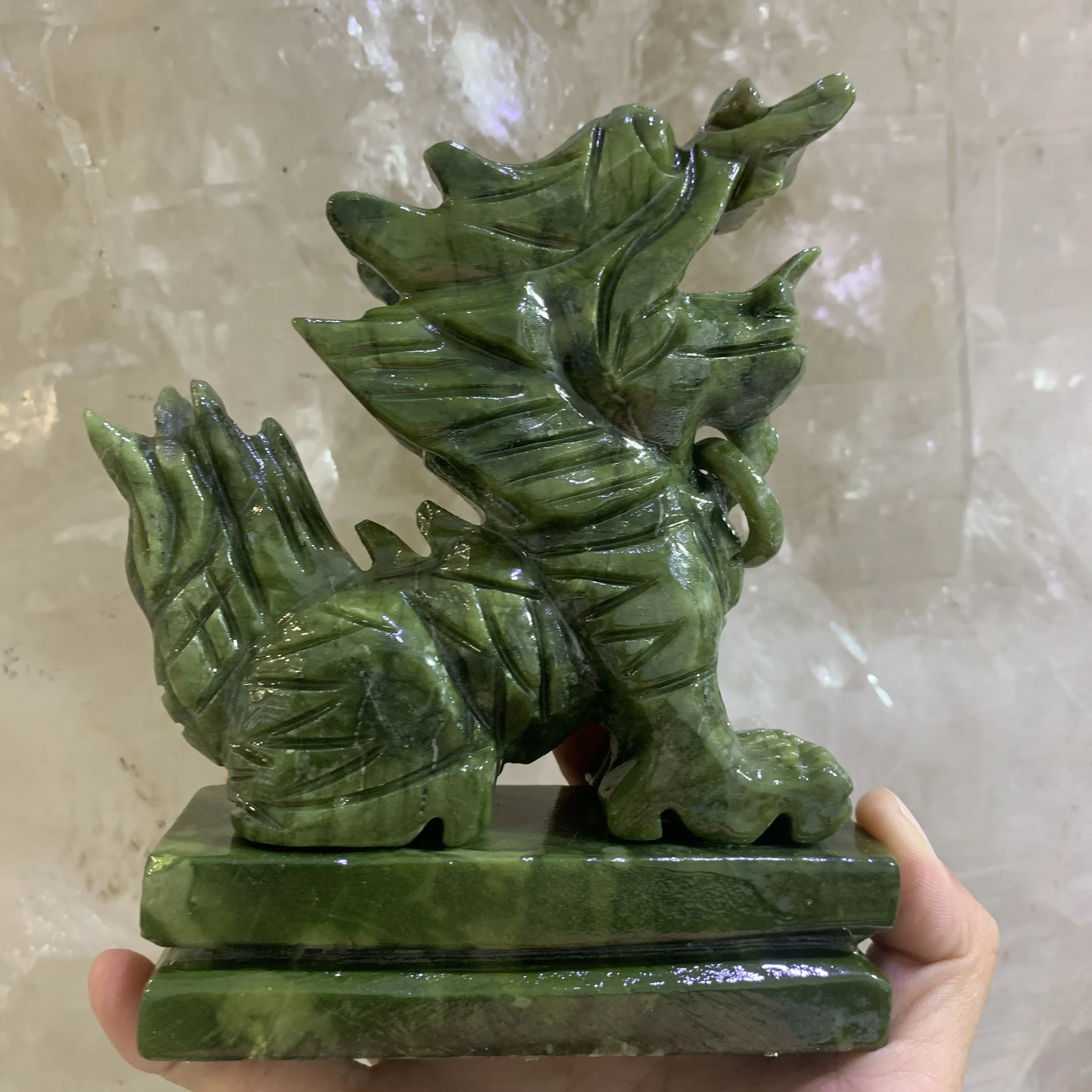 Natural Green Jade Carved Kylin figurine Chinese Dragon Ornament