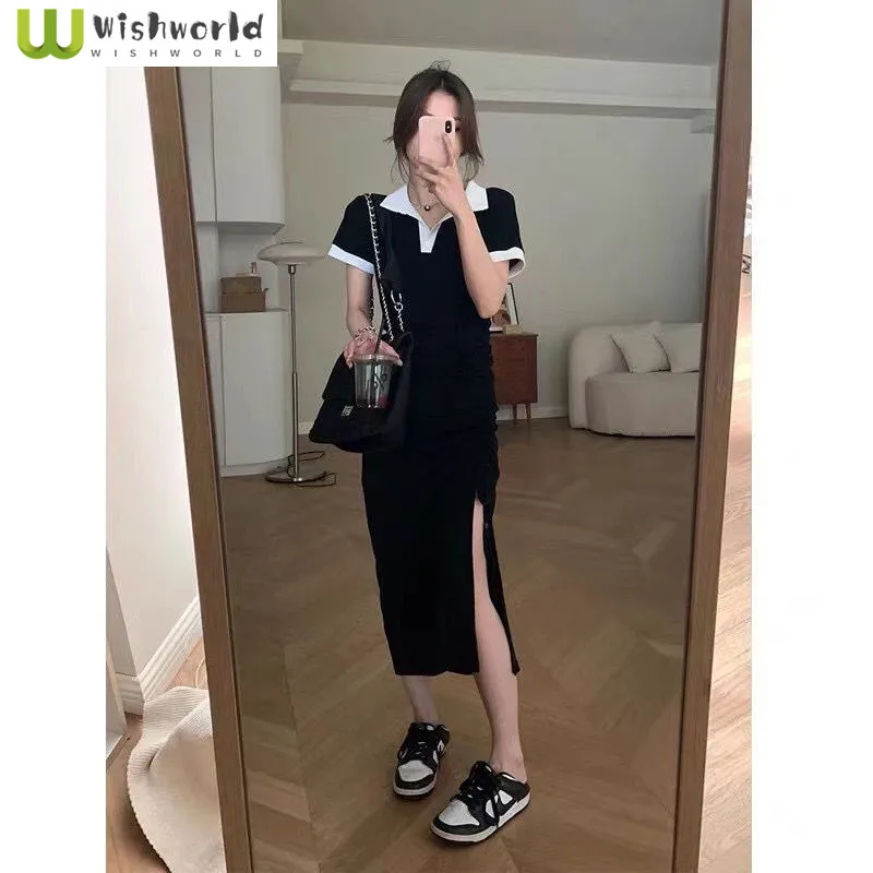 Korean Style Polo Collar Panel Test Split Pleated Dress Elegant Women's Party Dresses Bodycon Student Gradation Dress