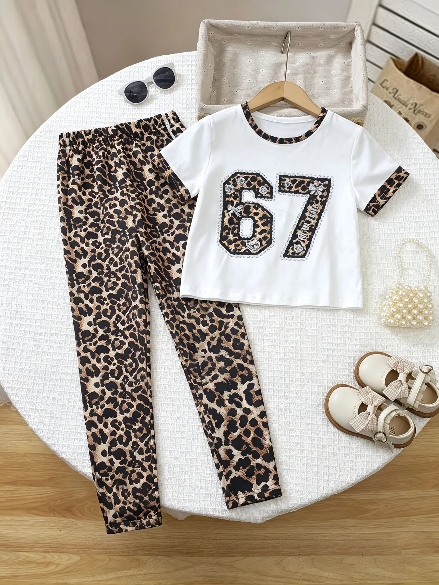 Girls Summer 2Pcs Outfit Number 67 Print Short Sleeve T-shirt + Leopard Print Leggings Kids Casual Fashion Clothes Set For 4-7Y