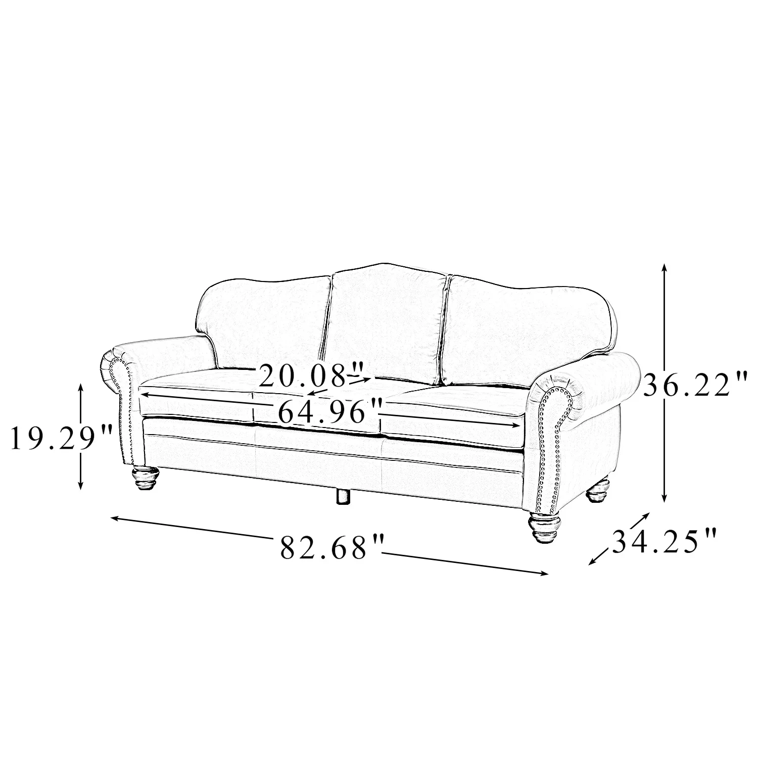 3 Seater Genuine Leather Sofa Couch with Rolled Arms and Nailhead for Living Room