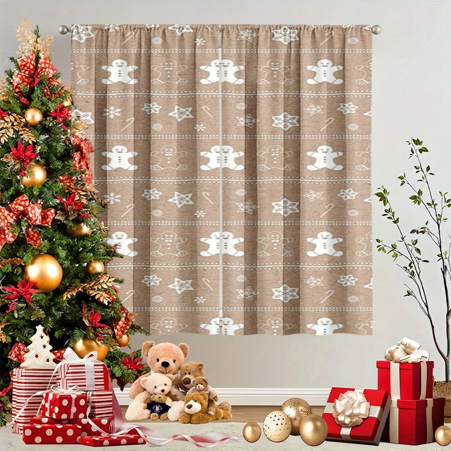 2PCS Christmas Winter Curtains, Knit Gingerbread Man Snowflake Candy Cane Beige, Digital Print, Bedroom Living Room, Home Decor
