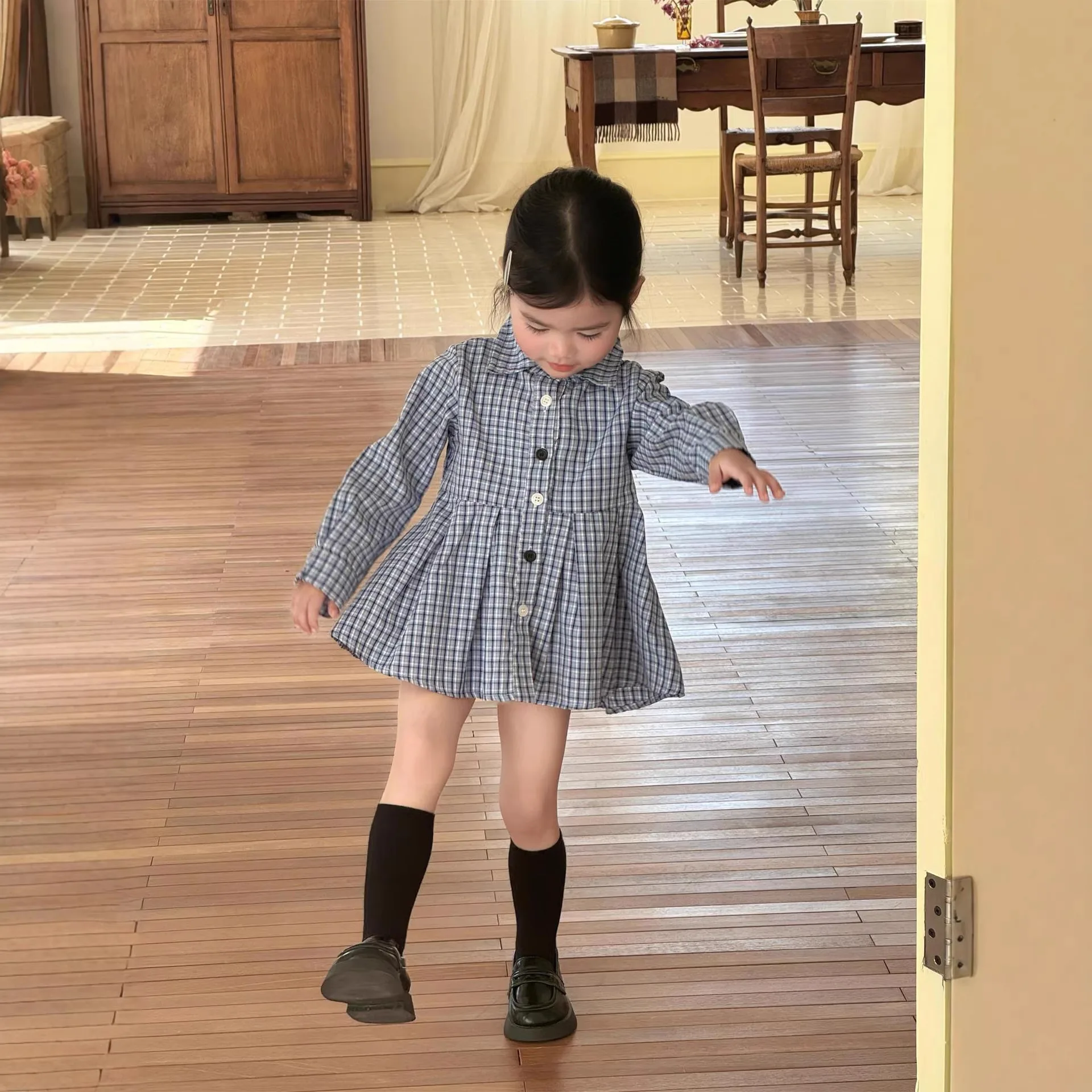 

Girls Dress 2026 Spring Summer New Korean Style College Style Sweet Plaid Long Sleeved Lapel Shirt Skirt Daily Stylish Wear