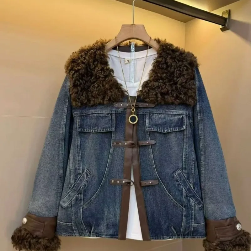 

Plump Girl Autumn Winter Jacket European Loose Stylish Fashionable Denim Patchwork Fur Collar Warm Stylish Women's Slimming Coat