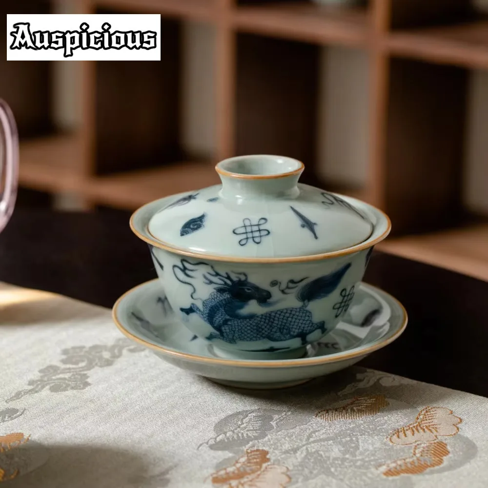150ml Jingdezhen Blue and White Ceramic Cover Bowl Sky Green Ru Porcelain Sancai Tea Bowl Opening Can Raise Thin Body Gaiwan