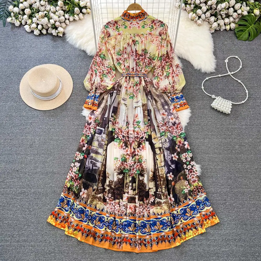 2024 Spring Summer Bohemian Chiffon Loose Dress Women's Stand Lantern Sleeve Single Breasted Flower Print Lace Up Robe Vestido