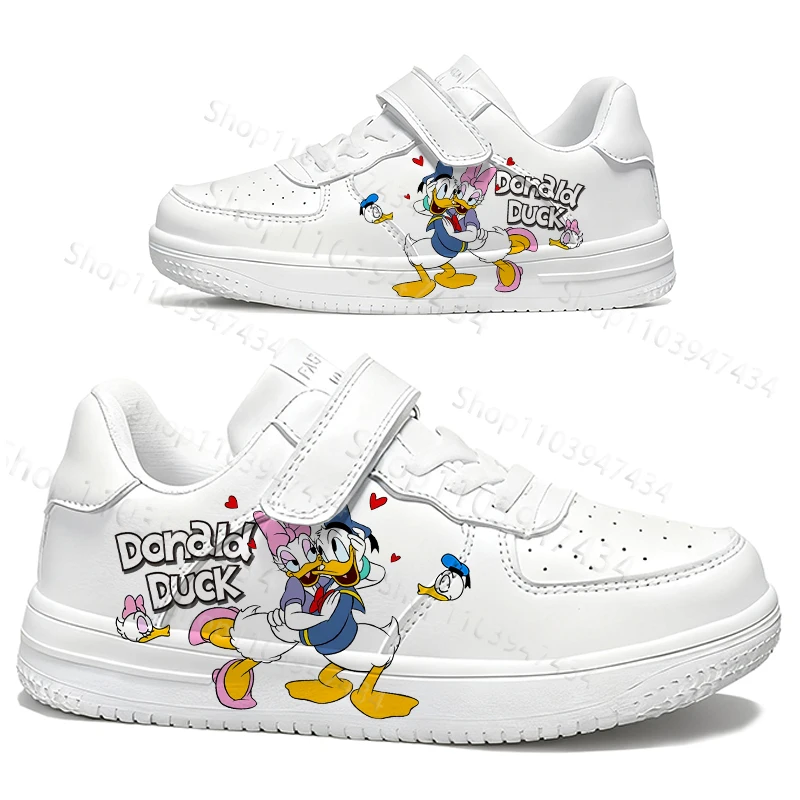 

2026 Popular Donald Duck Daisy Children's Sneakers Boys Girls Waterproof PU Leather Durable Comfortable Thick Sole Board Shoes