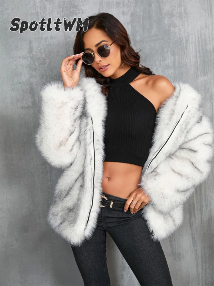 Women Hooded Cropped Faux Fur Jacket Full Sleeve Loose-fit Zipper Up Pockets Short Coat 2026 Casual Winter Street Commute Coats