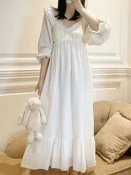 Women Pure Cotton Layer Gauze Lace Ruffles Vintage Night Gown Robe Long Dress Victorian Princess Sleepwear Nightdress Homewear