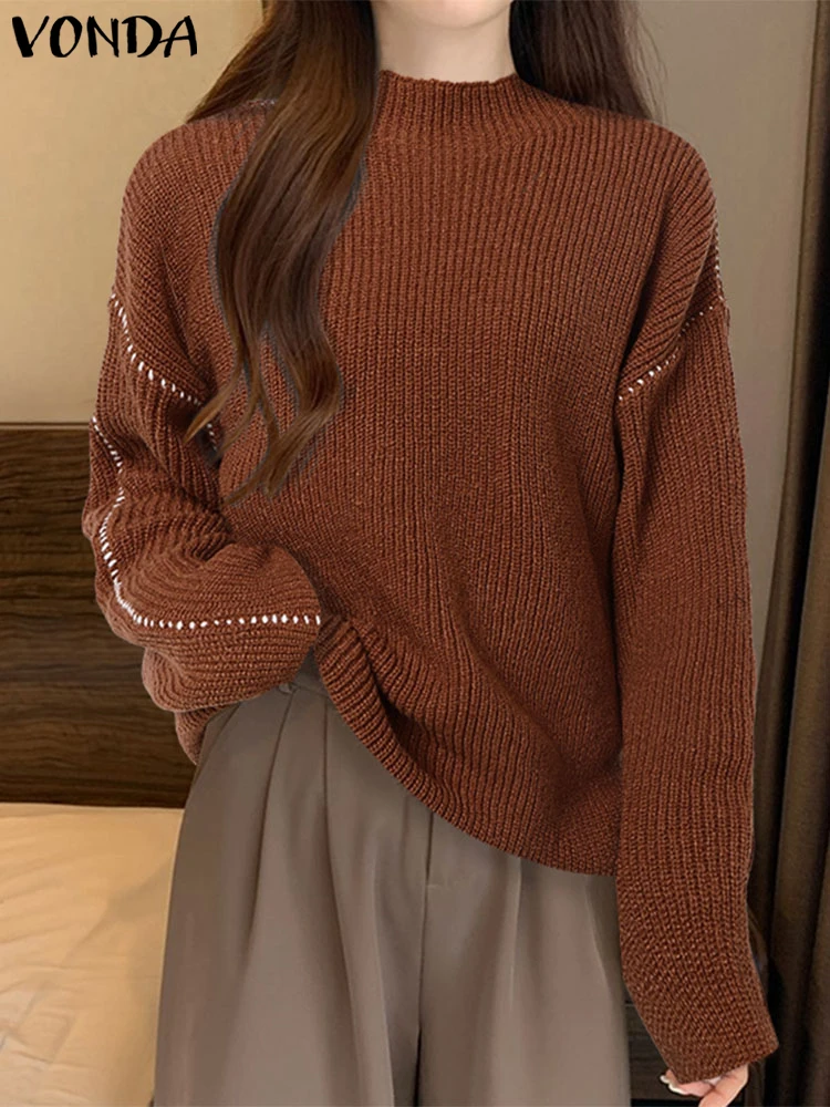 

VONDA 2025 модный женский свитер с высоким воротником, осень-зима, трикотаж с длинными рукавами, повседневный однотонный вязаный пуловер, свитер, джемперы