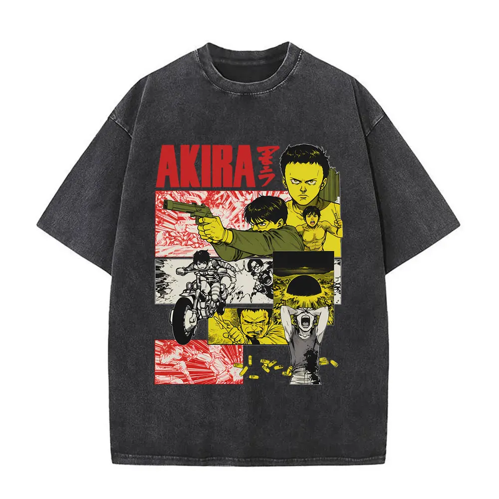 

Anime Akira Vintage Washed T-shirt Japanese Science Fiction Cartoon Movie Shima Tetsuo T Shirt Men Manga Retro O-collar T-shirts