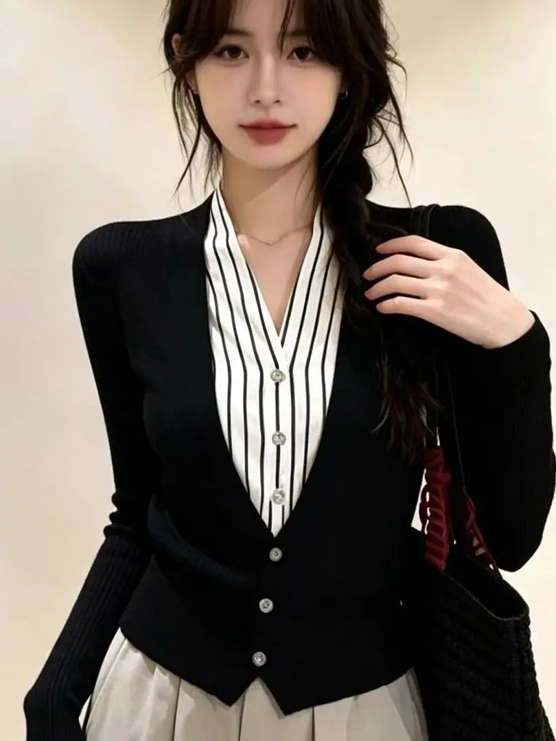 Black Open Cardigan Versatile Fashionable Gentle Weight Loss Spring Autumn Must Have Trendy Fake Two Piece Popular Internet Red