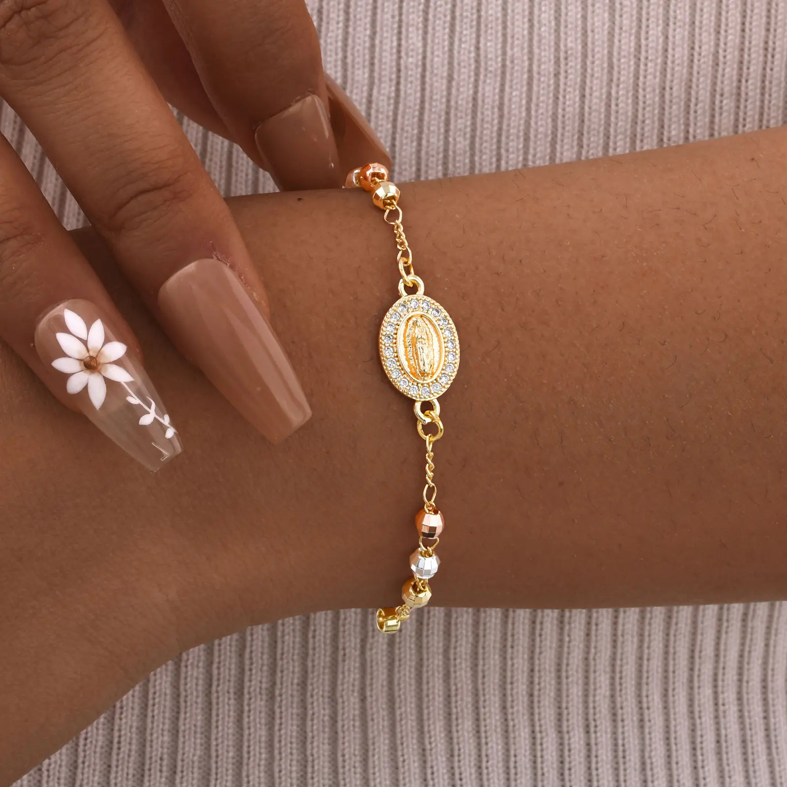 Vnox Rosary Virgin Mary Bracelet For Women,Prayer Beads Jewelry Stainless Steel Cross Accessories Bracelet Religion Hand Gifts