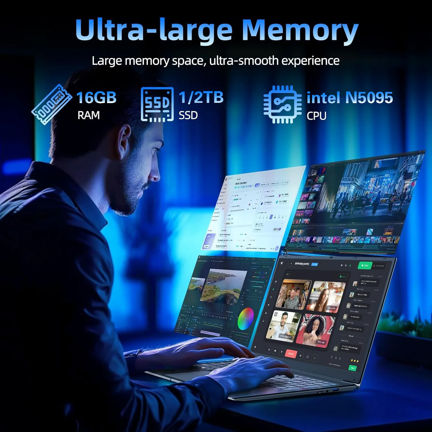 كمبيوتر محمول ACEKAMAS مقاس 17.3 بوصة Intel N5095 Windows 11 16GB DDR4 1TB SSD بصمة فتح الألعاب مكتب دراسة الكمبيوتر المحمول