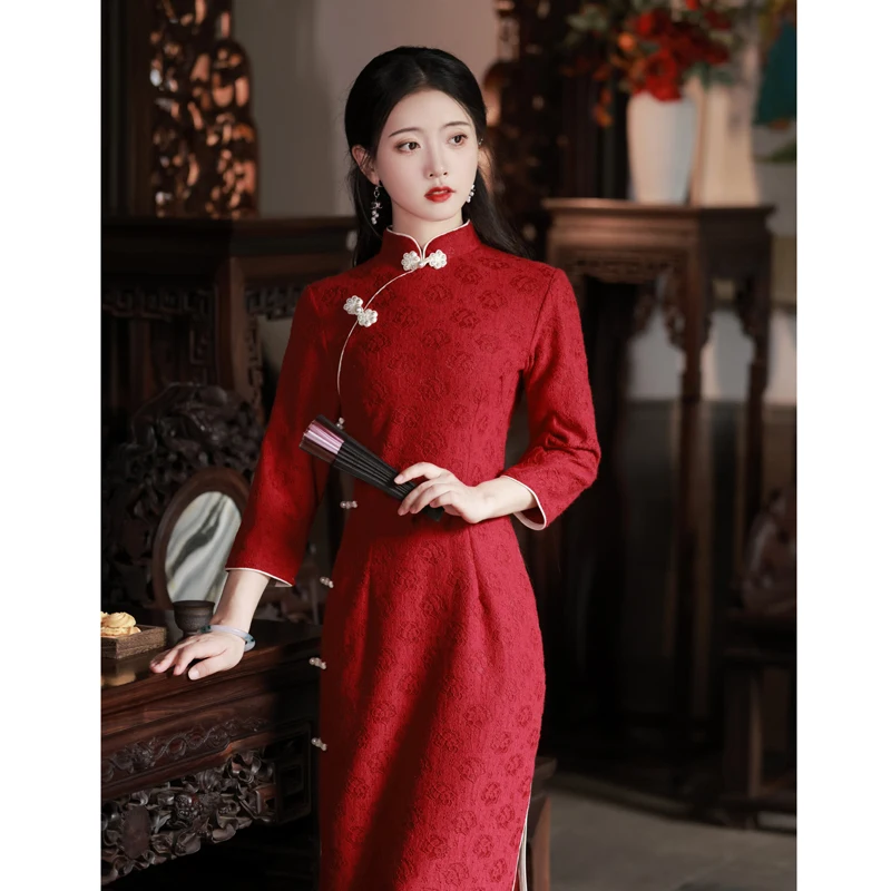 

Red Lace Young Sle Long Sve Ele Wedding Dr for Women Autumn Season Low Slit Chinoiserie Wedding Gown