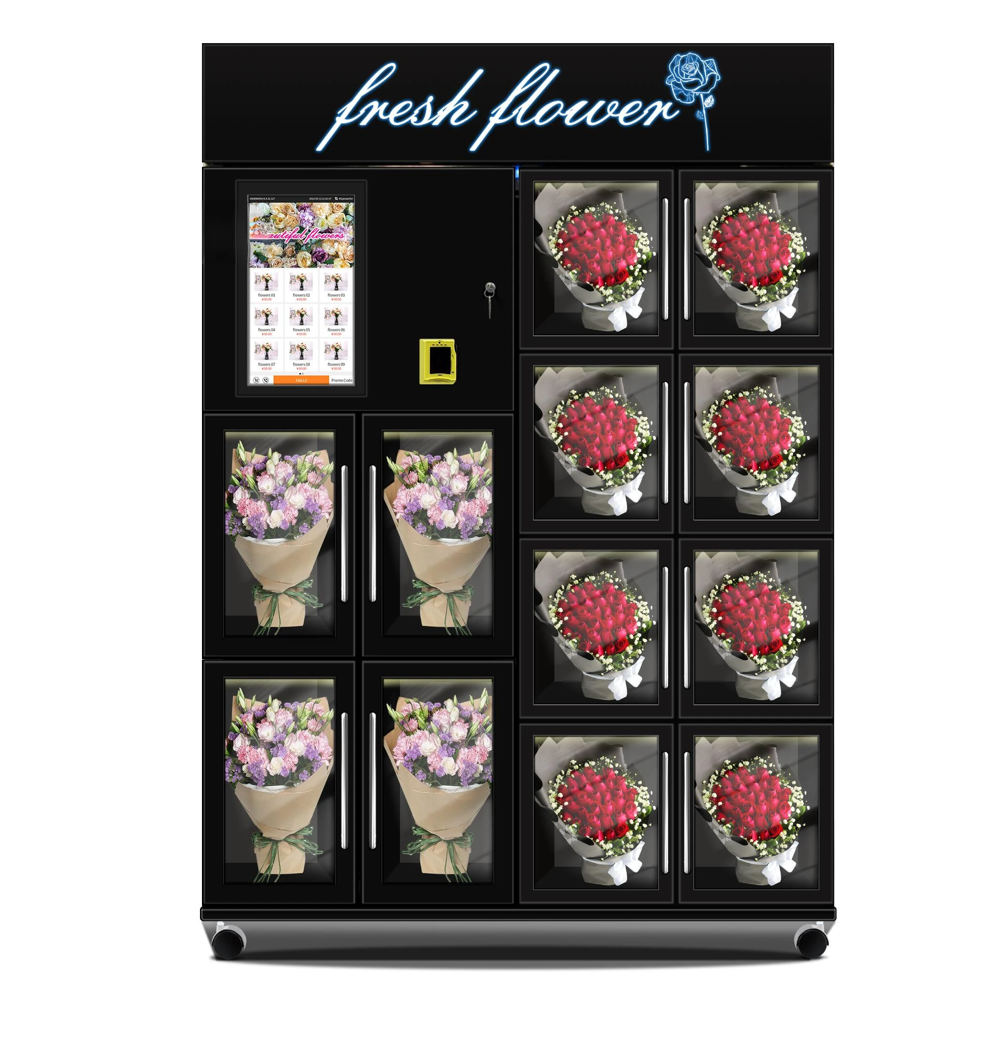 Flower vending machine customistic locker on the machine design logo on the machine top bill coin and card reader