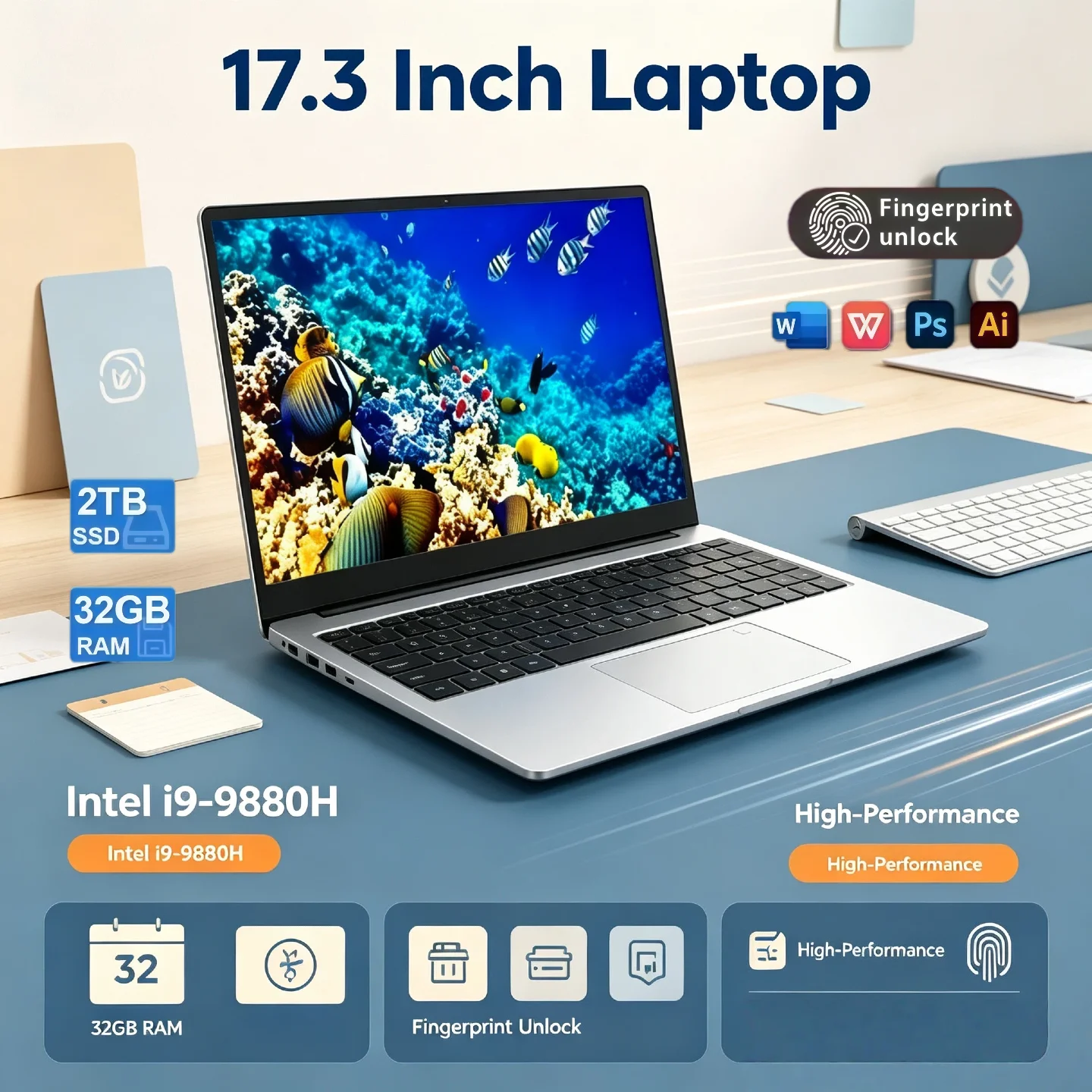Intel Core i9 9880H High Performance Pro 32GB RAM 2TB SSD 17.3 Inch Full Size Laptop Fingerprint Unlock Work Gaming