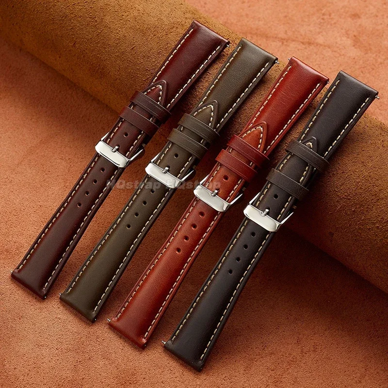 천연 가죽 스트랩 오일 왁스 밴드 퀵릴리즈 팔찌, 부드러운 스포츠 방수 범용 손목 밴드, 18mm, 19mm, 20mm, 21mm, 22mm