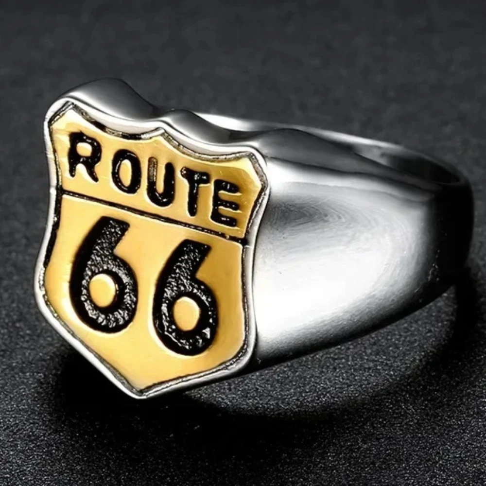 NEW VINTAGE MOTOR BIKE MEN'S RINGS STAINLESS STEEL US ROUTE66 RING FOR MEN COCKTAIL COOL JEWELRY GIFT