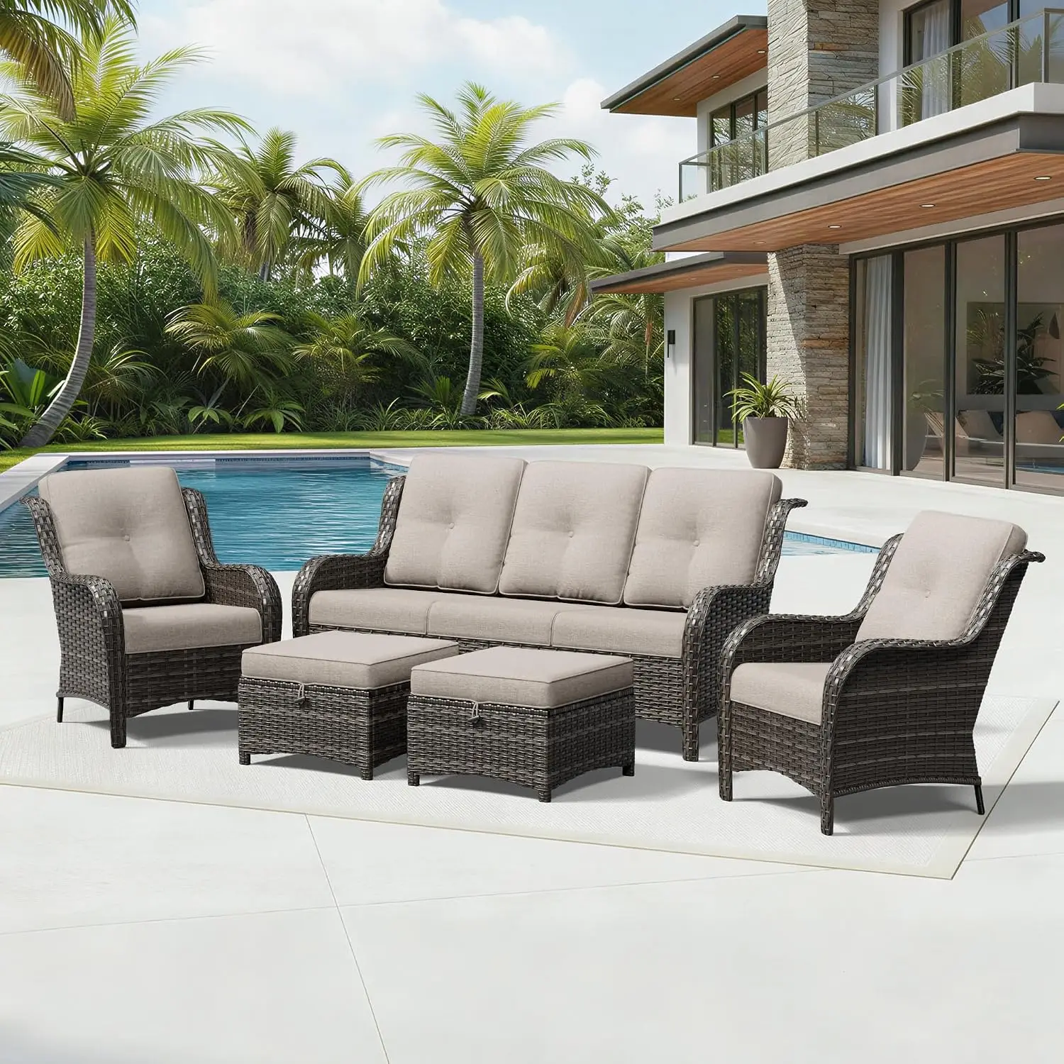 5 Piece Wicker Patio Furniture Set, Rattan Patio Chairs with High Back, Deep Seating, Wide Armrest, Thickened, Customized