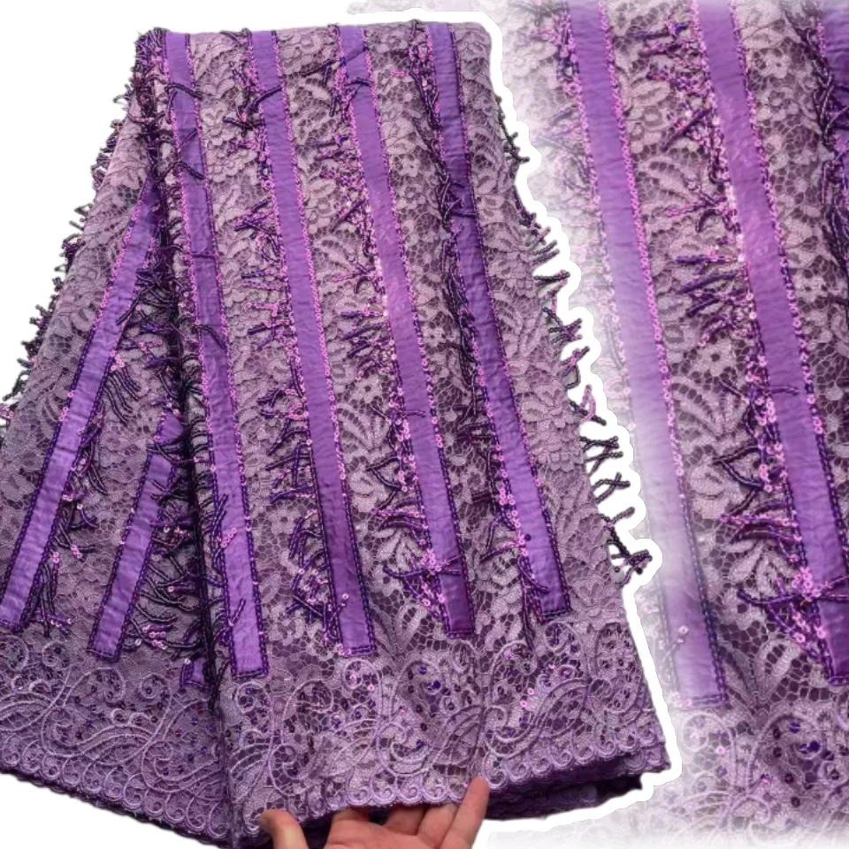 

2025 High Quality Africa Nigerian Tulle Purple Lace Fabric Sequins for Wedding Dress Chiffon Party Guipure Sewing 5Yard TP1413