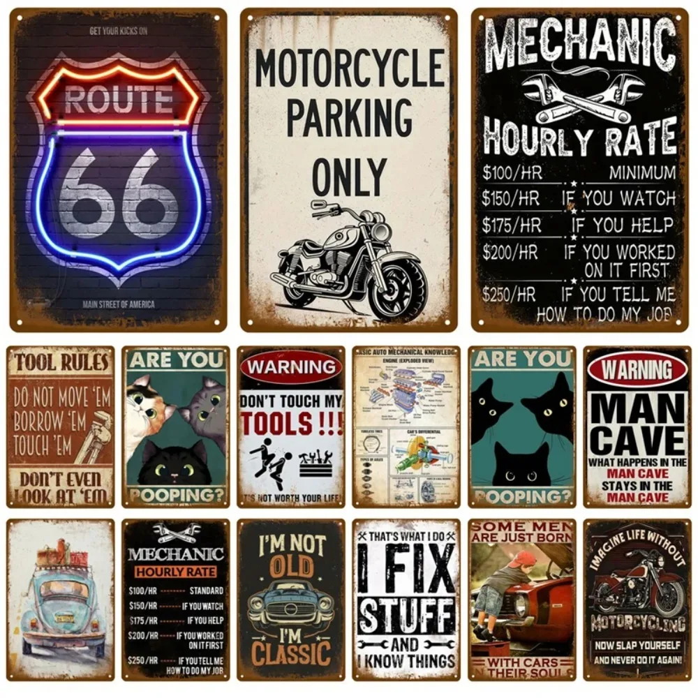 Juego de Letreros Metálicos Retro Vintage - Ruta 66, Estacionamiento para Motocicletas, Tarifa por Hora del Mecánico, Gato Haciendo Popó, Reglas de Herramientas, Cueva del Hombre, Coche y Motor