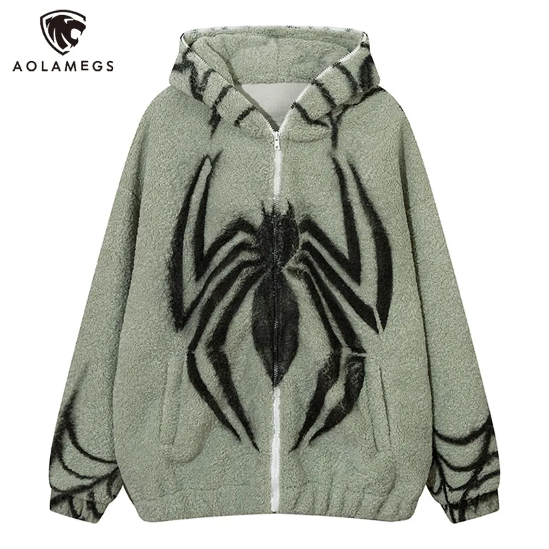 

Aolamegs Y2K Men Fleece Jacket Spider Web Graphic Hooded Coat Harajuku Hip Hop Streetwear Lightweight Casual Outwear Unisex