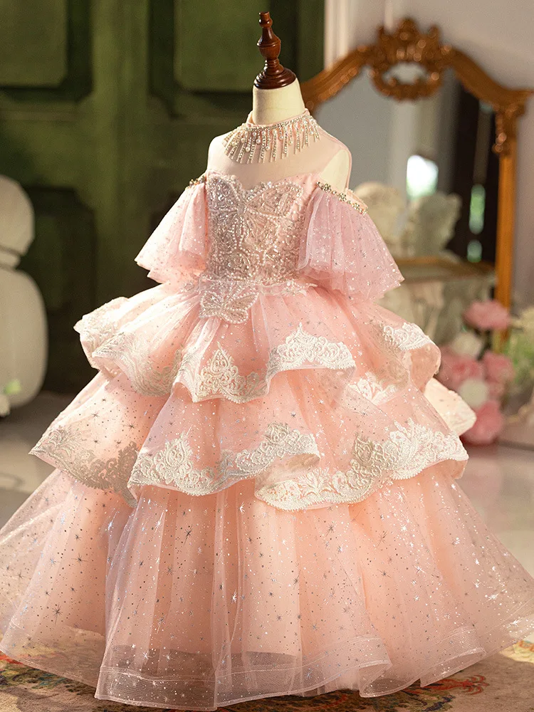 Vestido de encaje de tul para fiesta de cumpleaños de bebé, vestido de tutú de princesa para niños, Bola de flores, niña, pluma, perla, mariposa, flor, boda