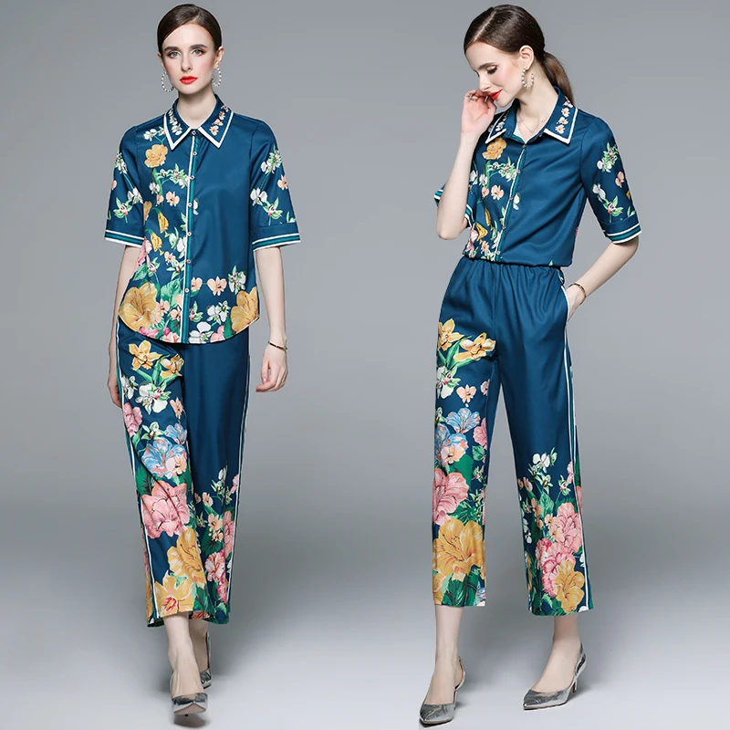 New Summer Luxury Floral Print Two Piece Set Women\'s Short Sleeve Single Breasted Shirt Blouse + Wide Leg Pants Flower Outfits