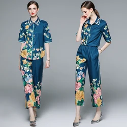 New Summer Luxury Floral Print Two Piece Set Women's Short Sleeve Single Breasted Shirt Blouse + Wide Leg Pants Flower Outfits