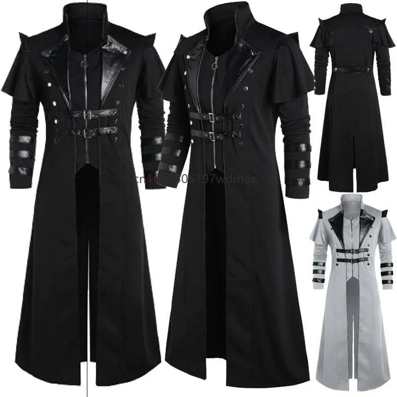 

Medieval Vintage Steampunk Assassin Pirate Costume Adult Men Black Long Split With Zipper Jacket Gothic Armor Coats