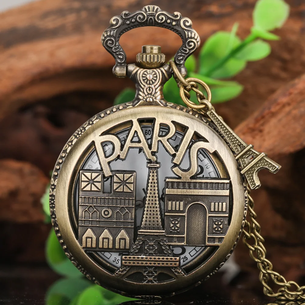 French Paris Hollow Tower Design Bronze Pocket Watch Men Women Quartz Pocket Clock Pendant Necklace Practical Collectibles Gift