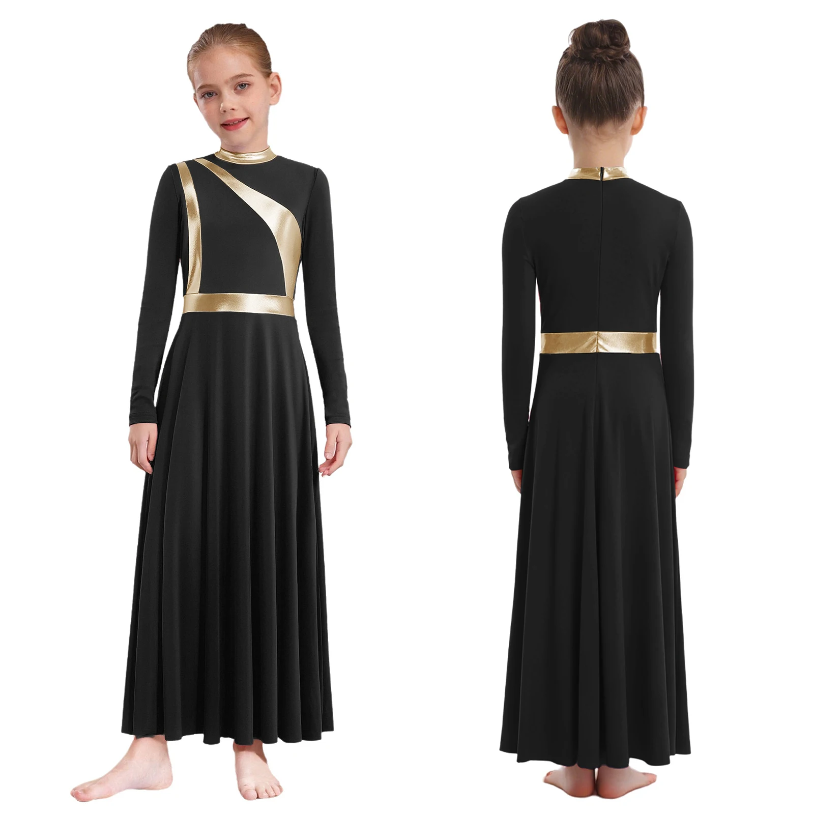 6-16Y Girls Praise Dance Dress Long Sleeve Metallic Block Liturgical Worship Church Choir Dresses Modern Lyrical Dancing Costume