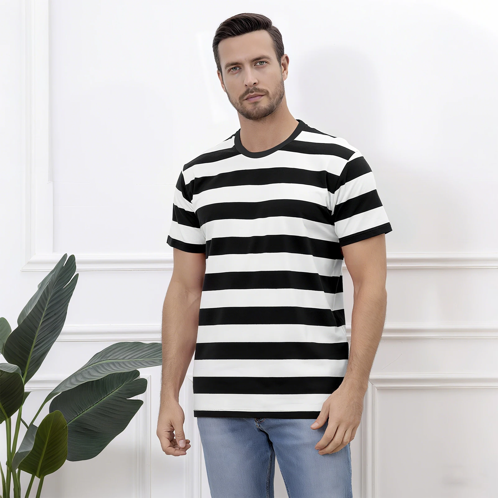 

Contrast Stripe 3D Print Costume Men Short Sleeve T-shirt Casual Fashion O-Neck Oversized T Shirts Cotton Crewneck Basic Tops