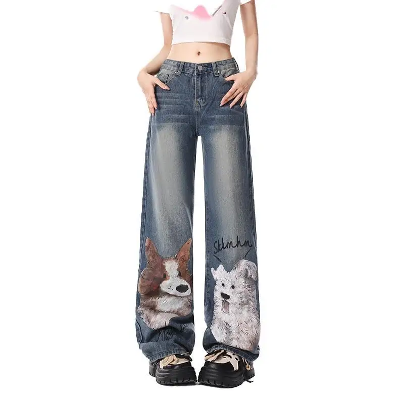 

Painted Dog Print Jeans Woman High Street Retro High Waist Straight Leg Trousers Summer Loose Y2k Hot Girl Casual Wide Leg Pants