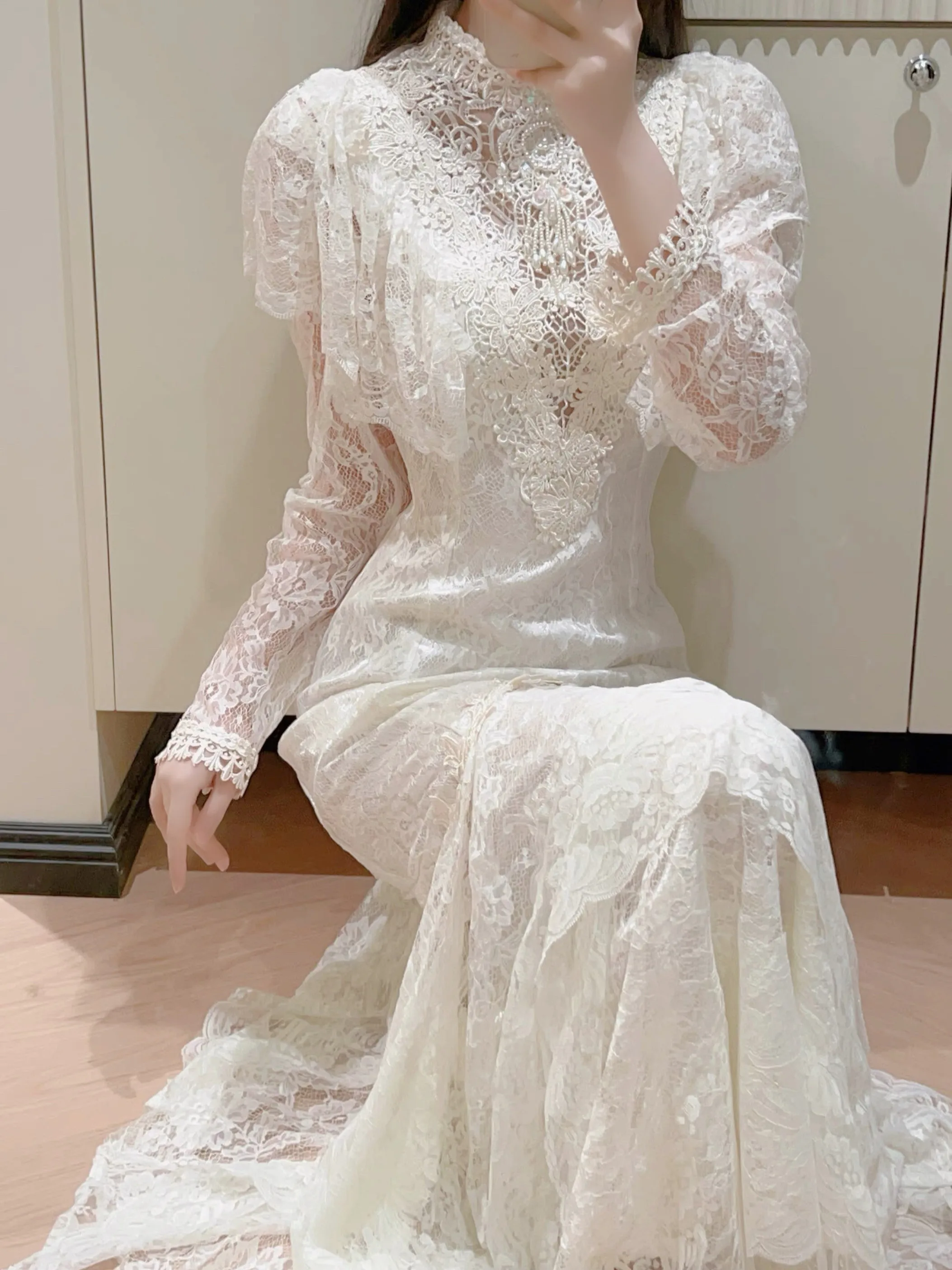 

Ретро-платье с кружевными вставками и длинными рукавами, винтажное, с подплечниками, для банкетов, женская мода, весна 2026