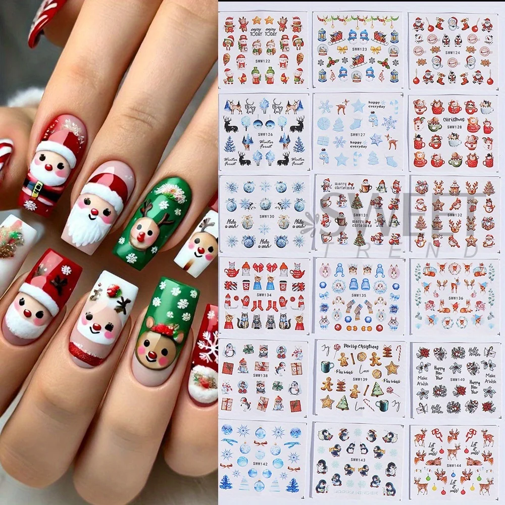 24 Design Christmas Nail Water Decals Festive Holiday Gingerbread Man Santa Tree Penguin Deer Designs for Holiday New Year Xmas