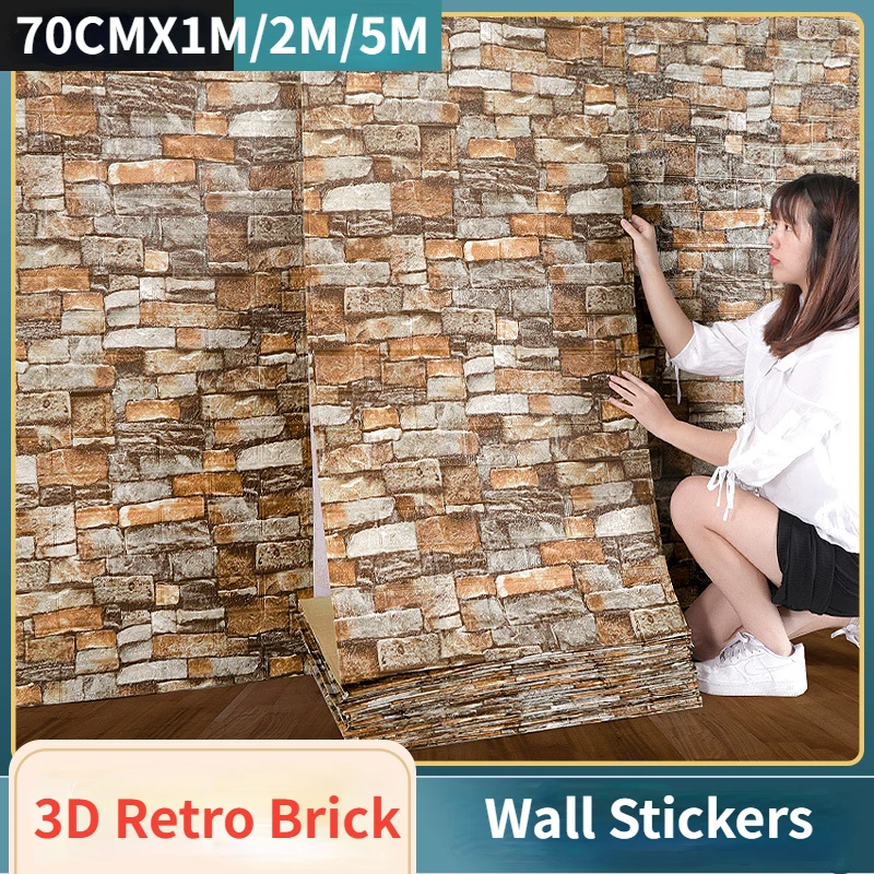 PVC Foam Self-adhesive Wall Stickers 3D Retro Brick Pattern Wallpaper Ceiling Stickers Living Room Bedroom Home Decoration 2023