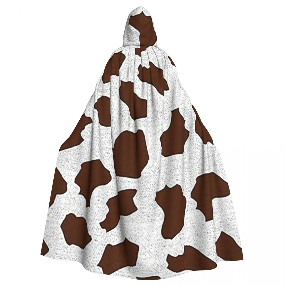 Capa longa com capuz padrão de manchas de vaca marrom, fantasia medieval de bruxa, capa cosplay, casaco de halloween adulto unissex