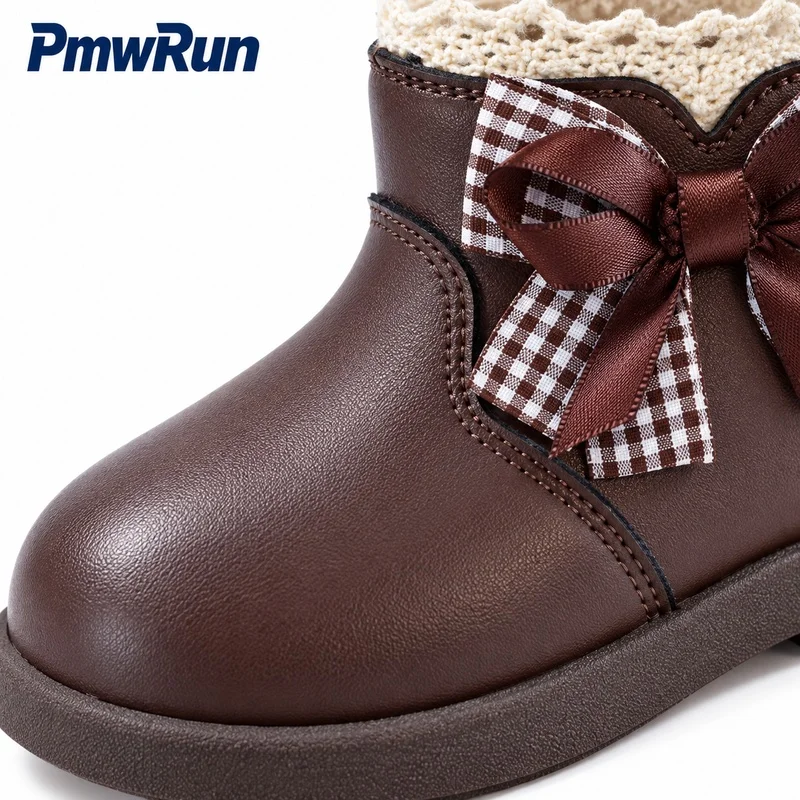 Korean Style Plush Boots For Girls PU Leather Waterproof Kid's Snow Footwear Anti-slippery Cute Bow Children's Cotton Shoes