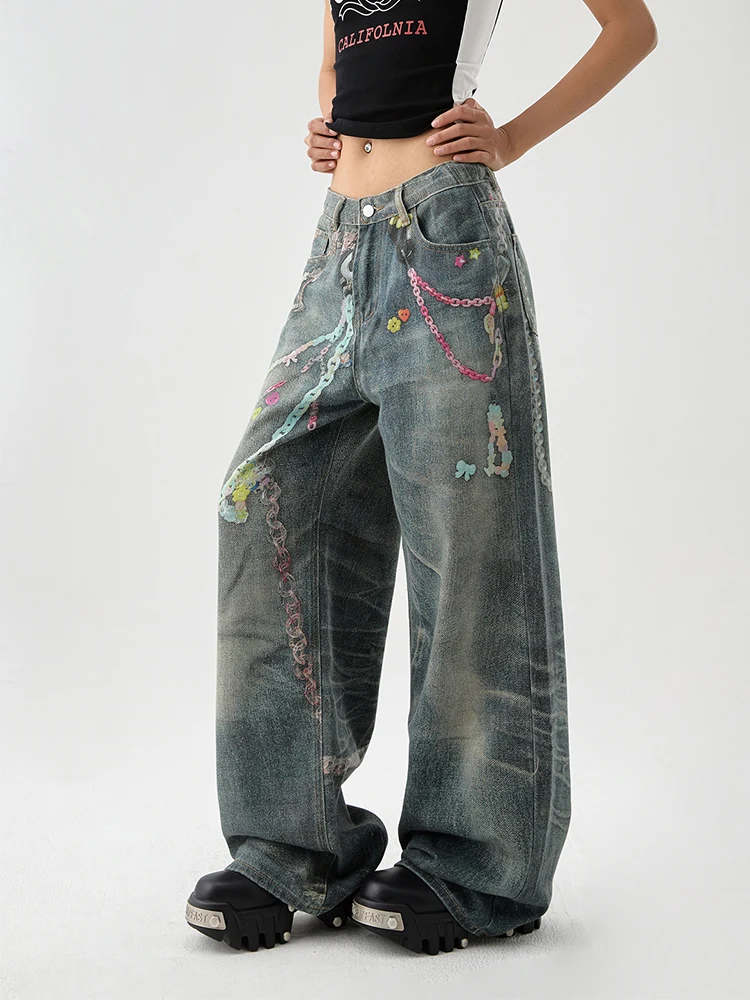 Fall Winter Women Unisex Tomboy Baggy Hip-pop Graffiti Jean