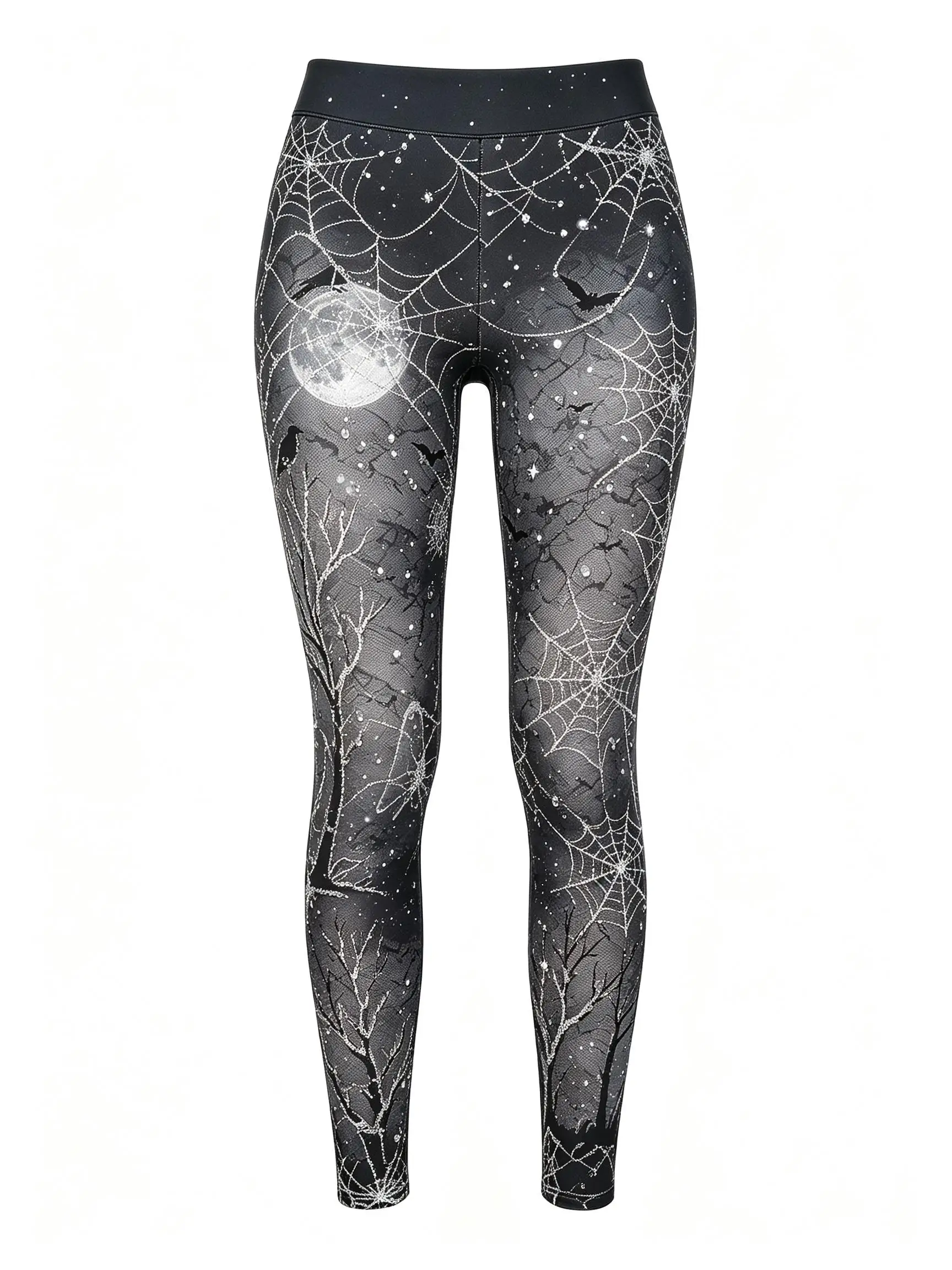 Women Mid Waist Fleece Lined Leggings Halloween Full Moon Dead Tree Crow Spider Web Print Slim Stretch Pants