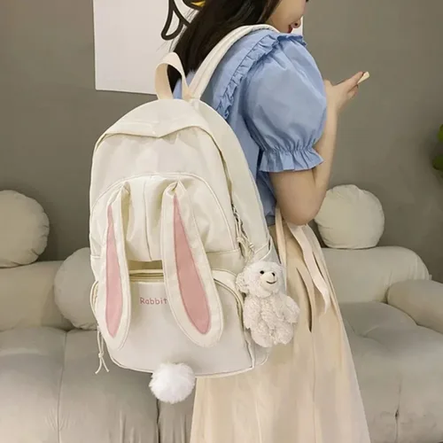 Imagen 2 del producto Mochila bonita con orejas de conejo para chicas adolescentes, mochila escolar Kawaii de gran capacidad, mochila informal de nailon para estudiantes