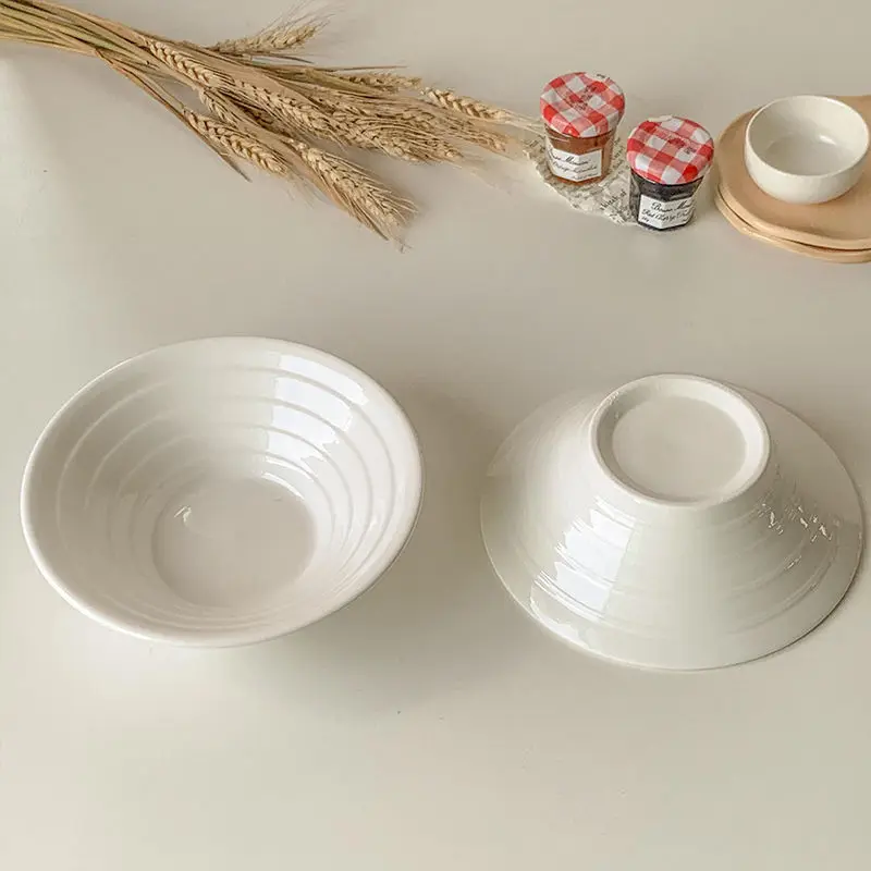 Pure White Horn Mouth Ramen Bowls Japanese Style Simple Ceramic Salad Tableware Cross-striation Porcelain Bowl