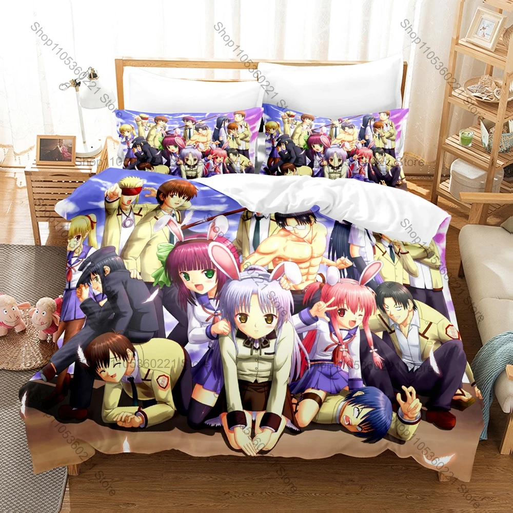 Cool Angel Beats White Hair Kanade Angel SSS Gun Battle Afterlife School Anime Print Duvet Cover + 2 Pillowcases Sad Cherry Blos
