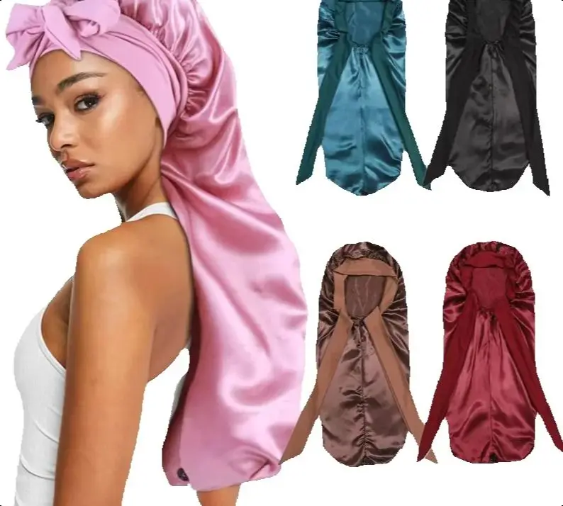 

Мягкий шелковистый длинный атласный чепчик для натуральных волос и вьющихся волос Очень большая шапочка для волос с завязкой для комфортного ночного сна 1 шт.