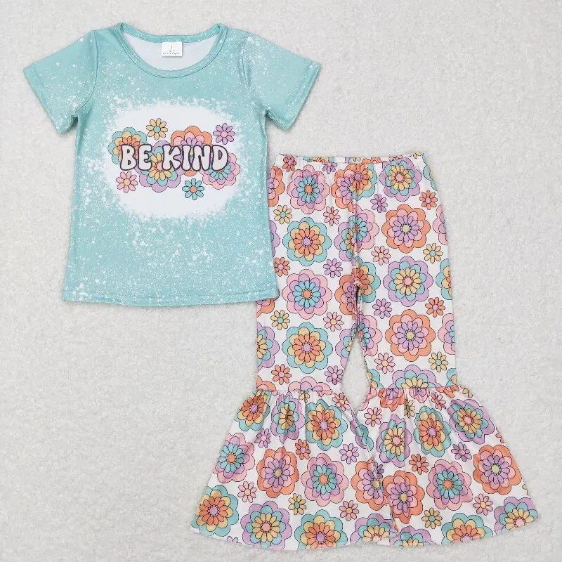 

New rts western style infant girls suits wholesale boutique be kind blue tops floral pants girls spring clothing