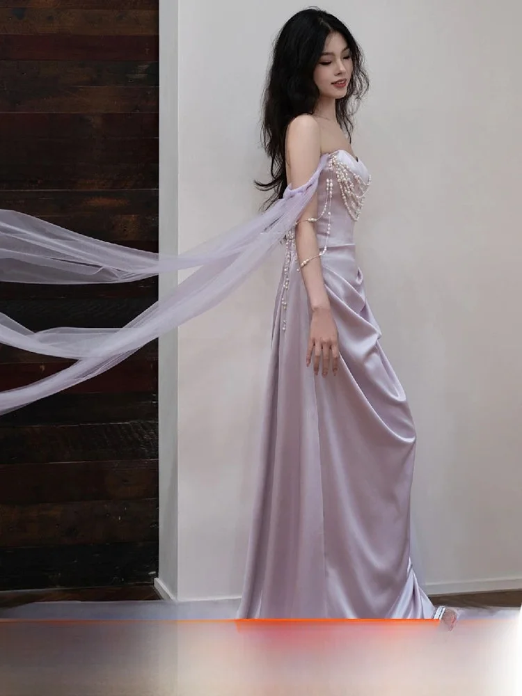 

Elegant Purple Satin One-Shoulder Gown Fish Tail Evening Dress Birthday Party Long Dress Polyester Fiber Adult Ceremony