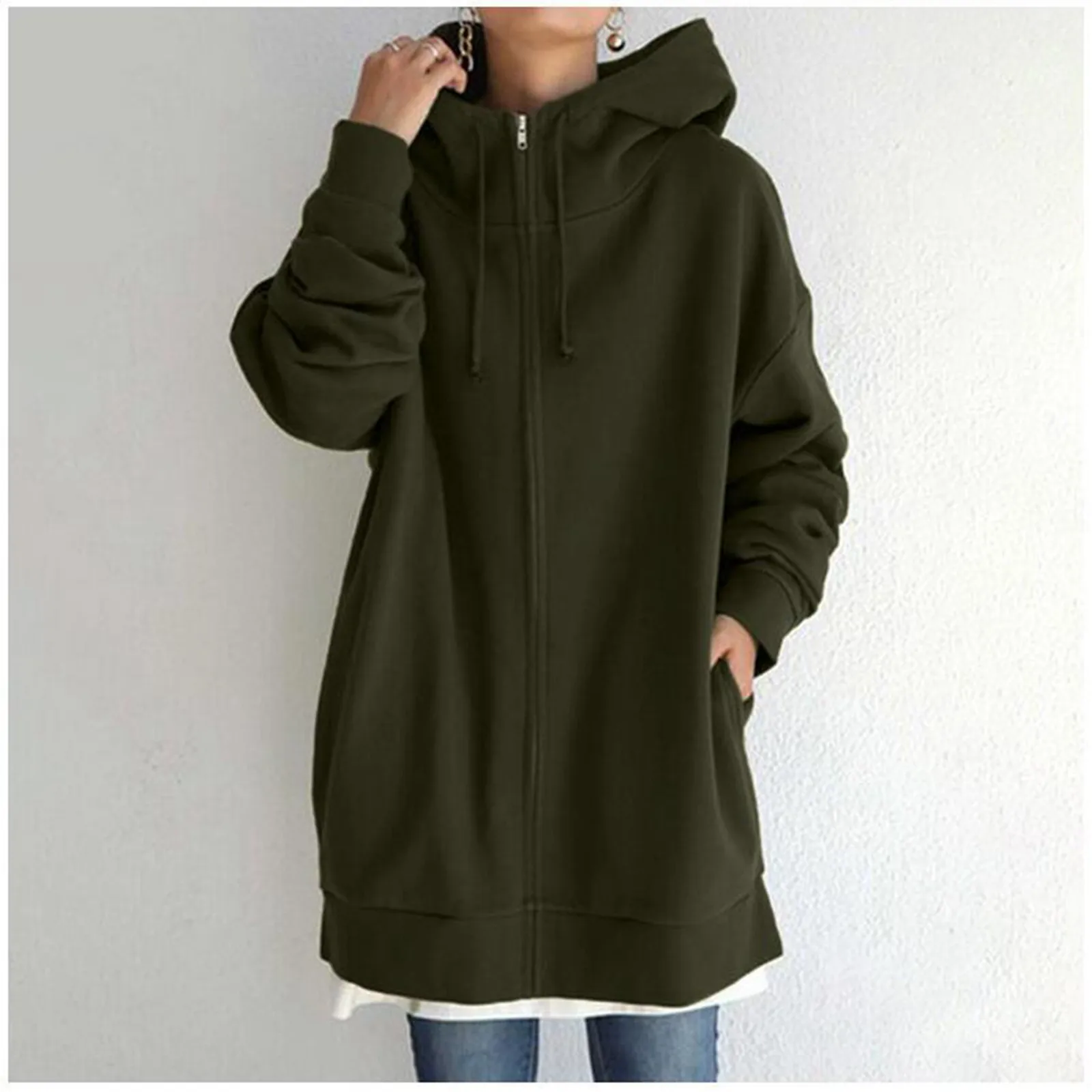 Women\'s Solid Color Zippered Hooded Longline Fleece Lined Streetwear Pullover Jacket Sweatshirt Hoodies for Women