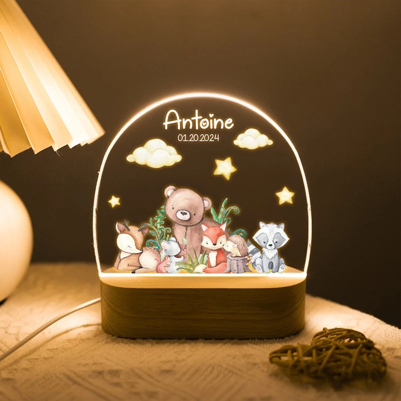 

Personalized Acrylic Woodland Animals Forest Plaque with LED Night Light For Baby Children's Bedroom Nursery Light Birthday Gift